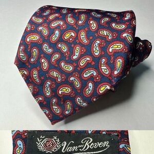 VAN BOVEN Navy Blue & Colorful Paisley Classic Silk Hand Blocked Tie, 3.25”